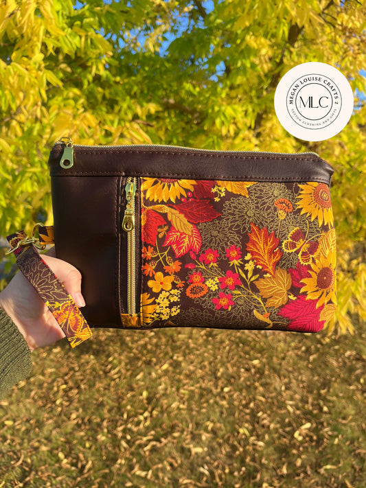 Brown Fall Floral Clutch, Autumn Clutch Wallet